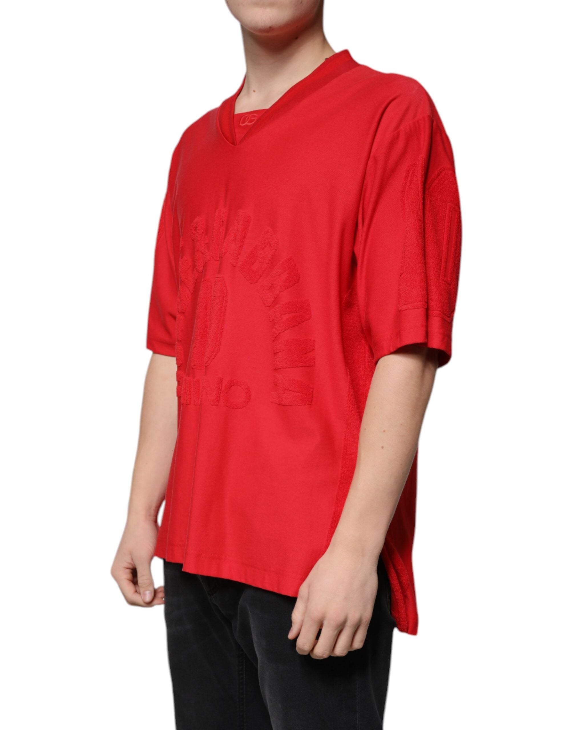 Dolce &amp;amp; Gabbana Röd bomulls-T-shirt med V-ringning och korta ärmar