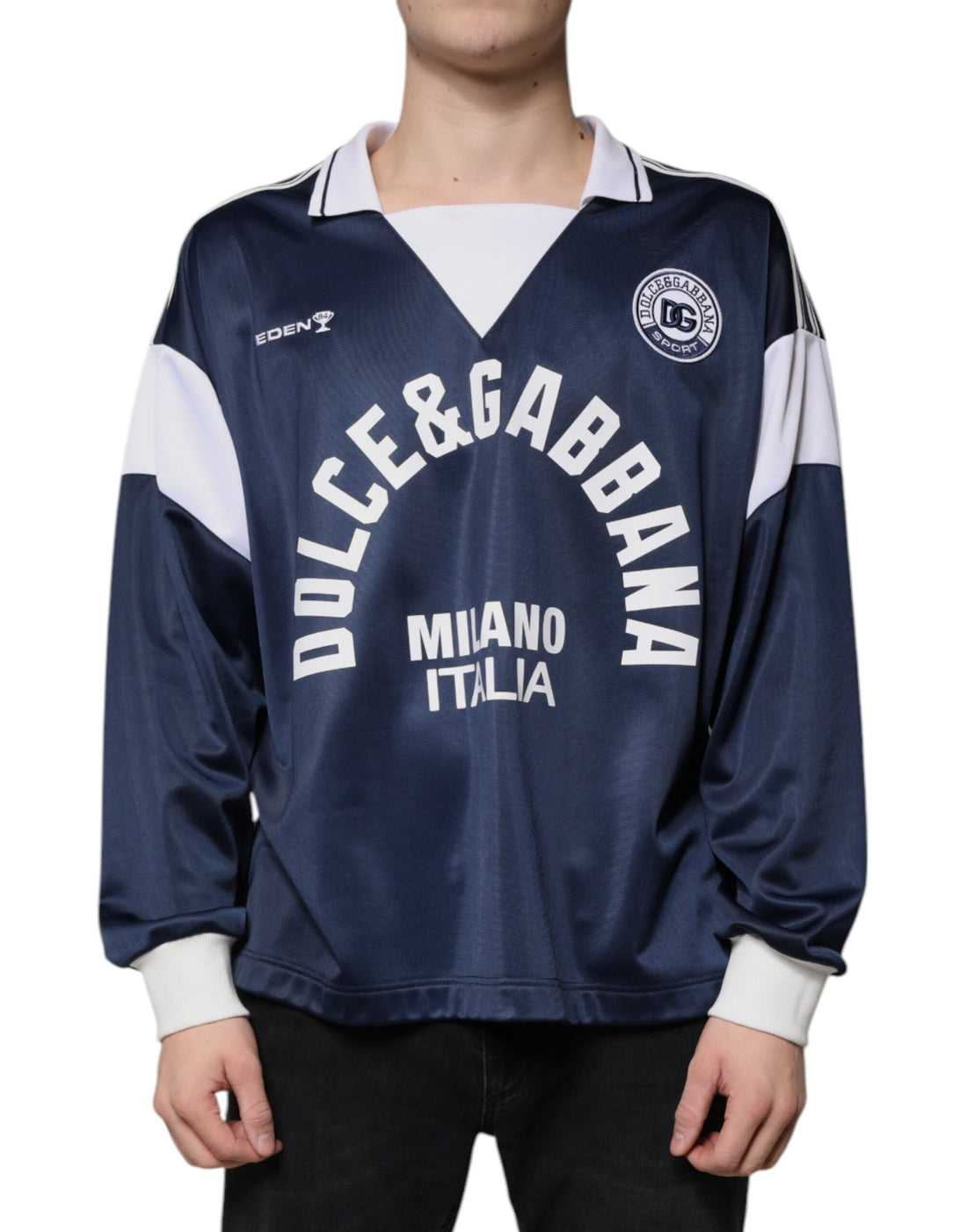 Dolce &amp;amp; Gabbana Blå Vit Milano Långärmad Jersey T-shirt