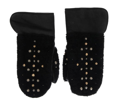 Dolce &amp; Gabbana Black Leather Shearling Studded Gloves