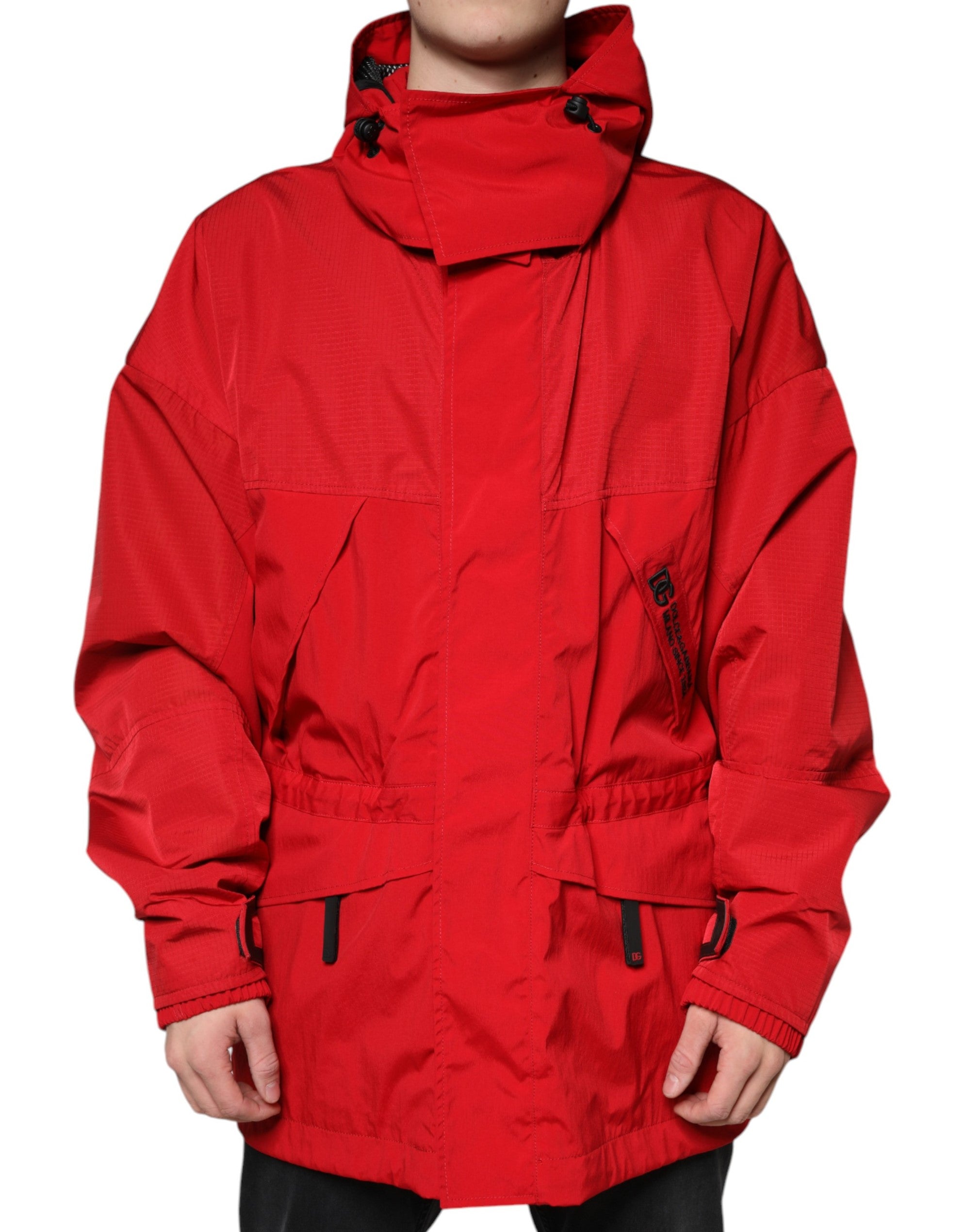 Dolce &amp; Gabbana Red Nylon Hooded Men Full Zip Parka Jacket