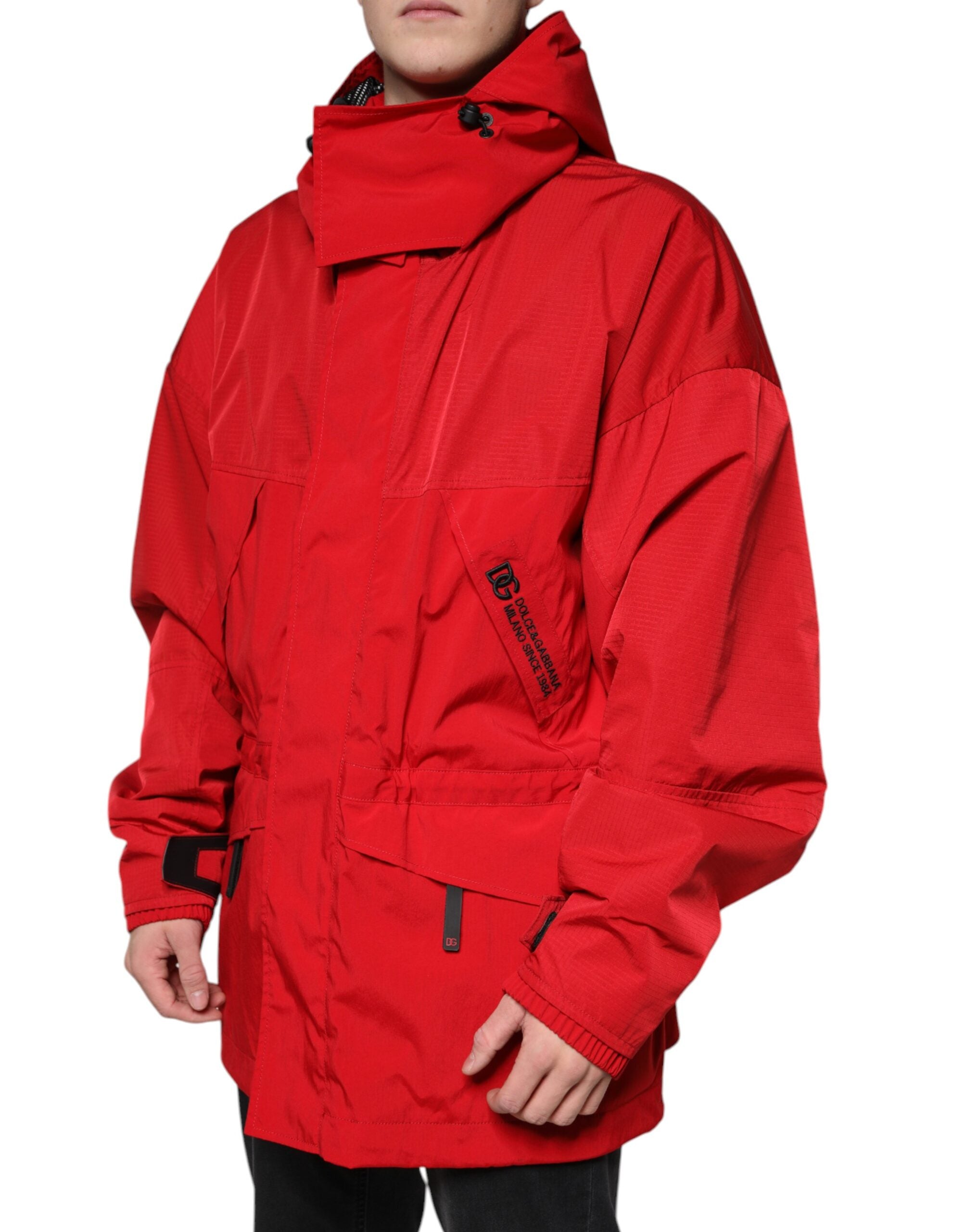 Dolce &amp; Gabbana Red Nylon Hooded Men Full Zip Parka Jacket