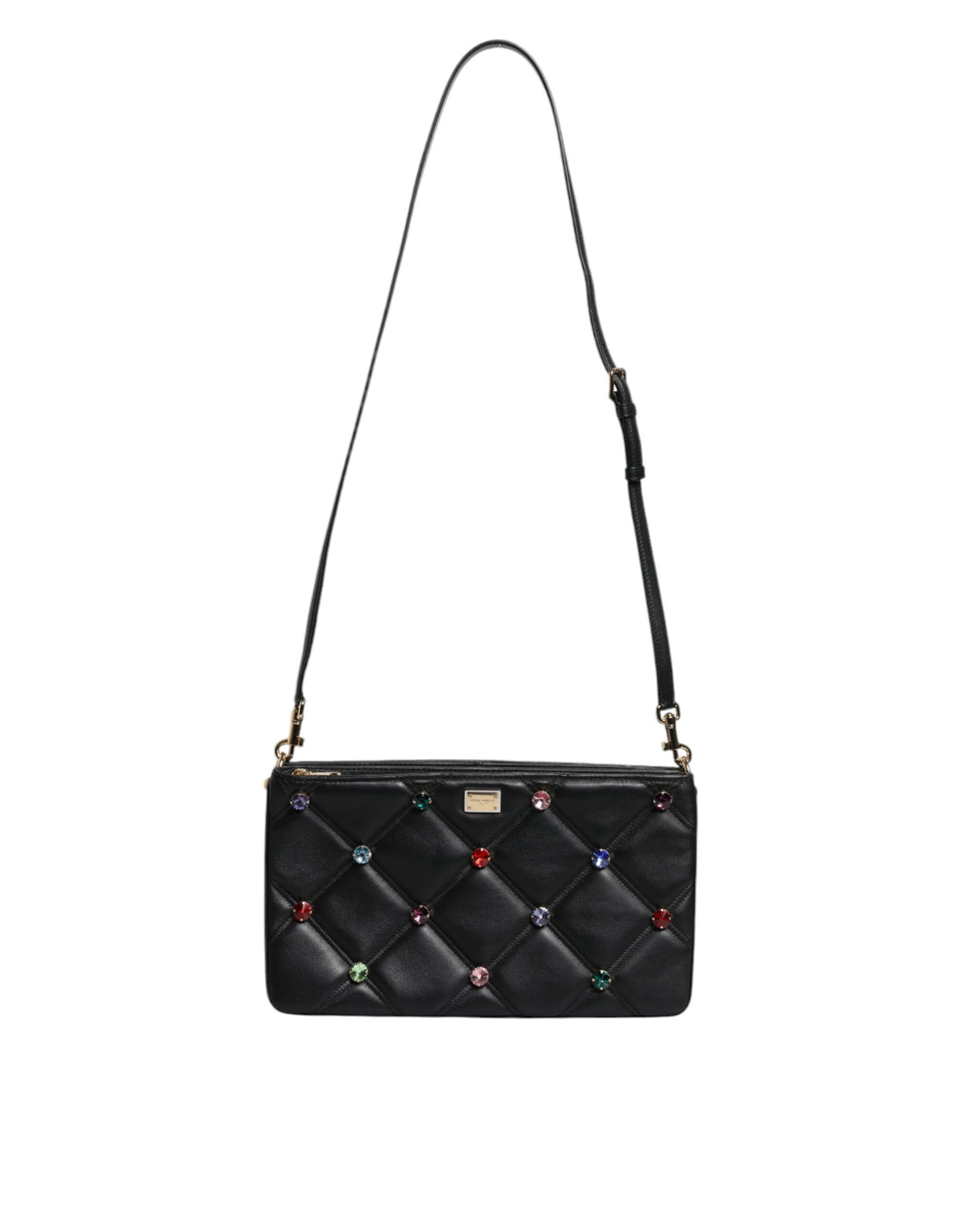 Dolce &amp; Gabbana Black Leather Crystal Embellished Logo Shoulder Bag