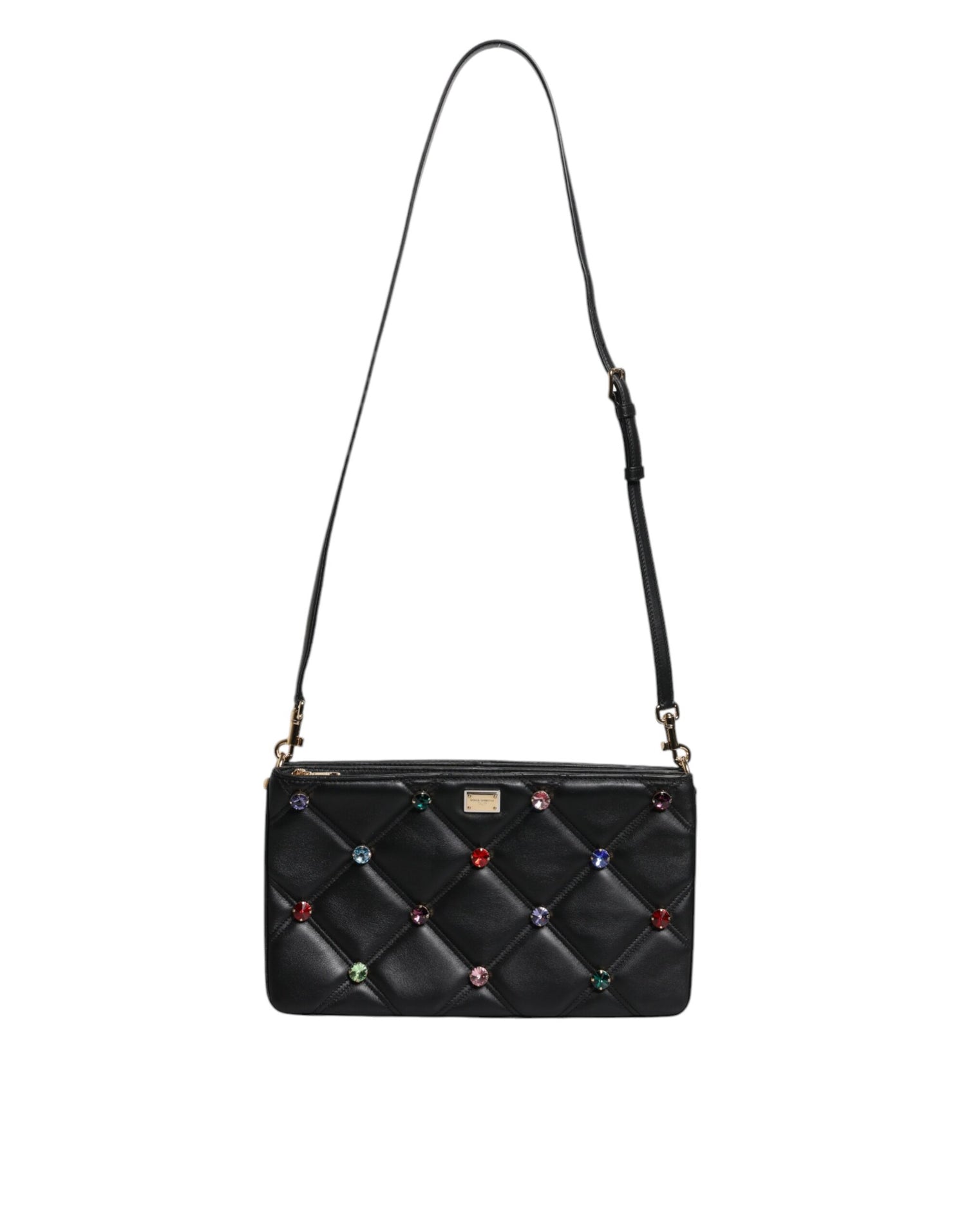 Dolce &amp; Gabbana Black Leather Crystal Embellished Logo Shoulder Bag