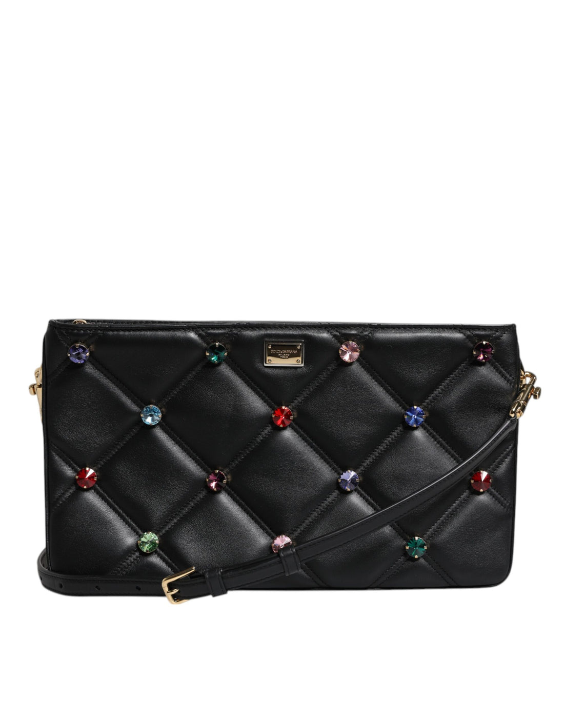 Dolce &amp; Gabbana Black Leather Crystal Embellished Logo Shoulder Bag