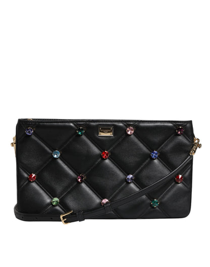Dolce &amp; Gabbana Black Leather Crystal Embellished Logo Shoulder Bag