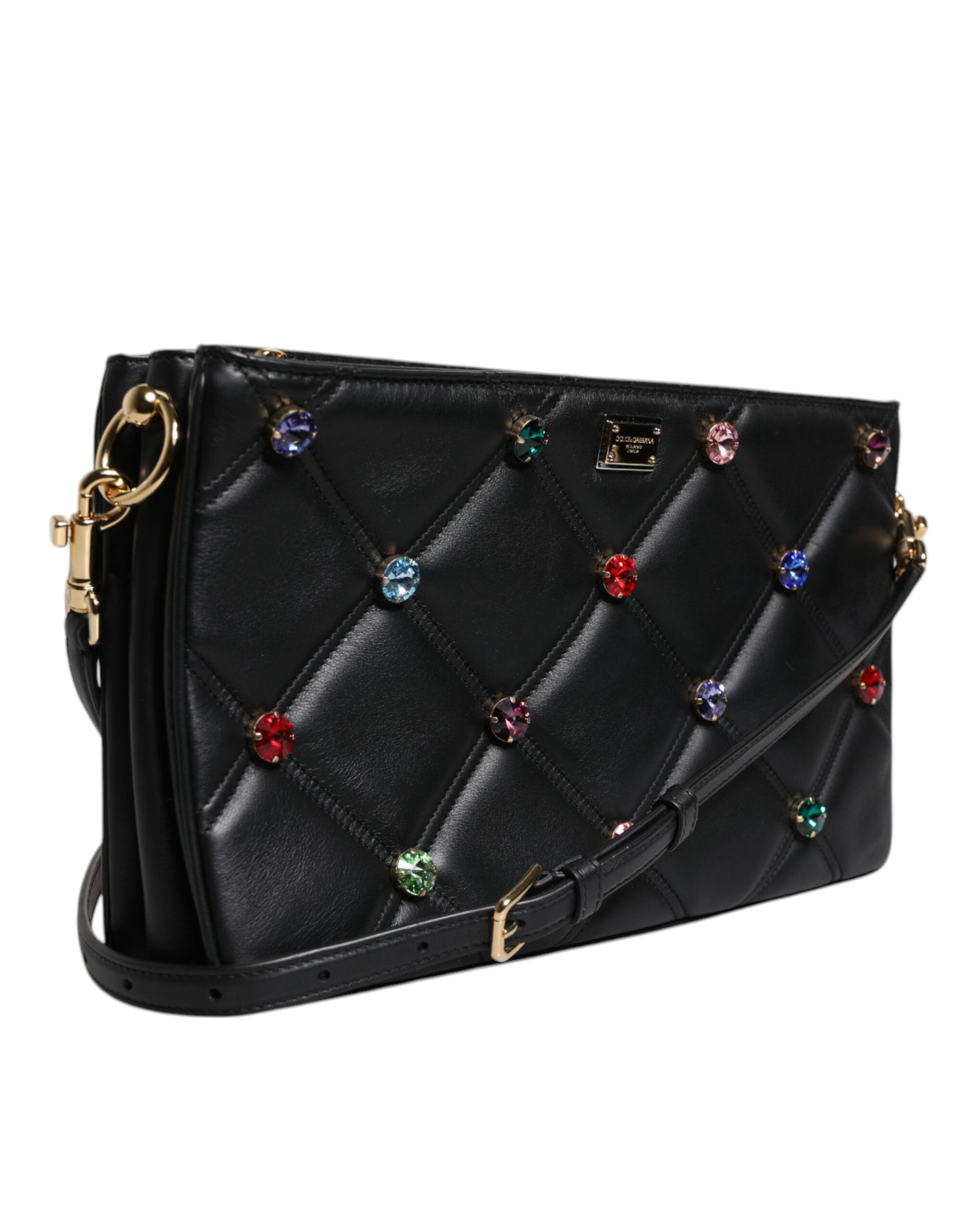 Dolce &amp; Gabbana Black Leather Crystal Embellished Logo Shoulder Bag
