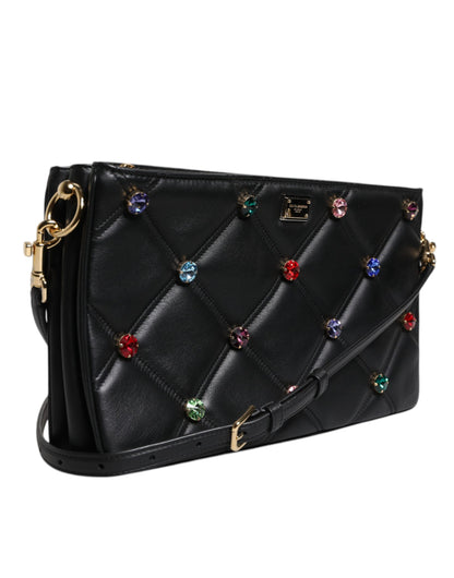 Dolce &amp; Gabbana Black Leather Crystal Embellished Logo Shoulder Bag