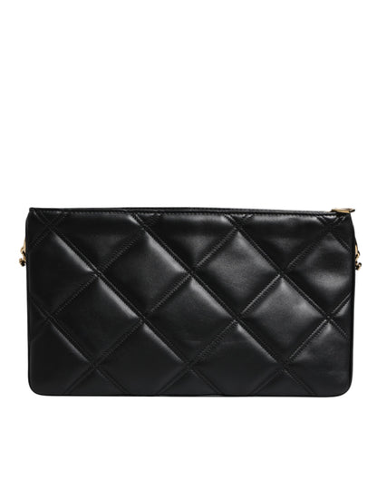 Dolce &amp; Gabbana Black Leather Crystal Embellished Logo Shoulder Bag
