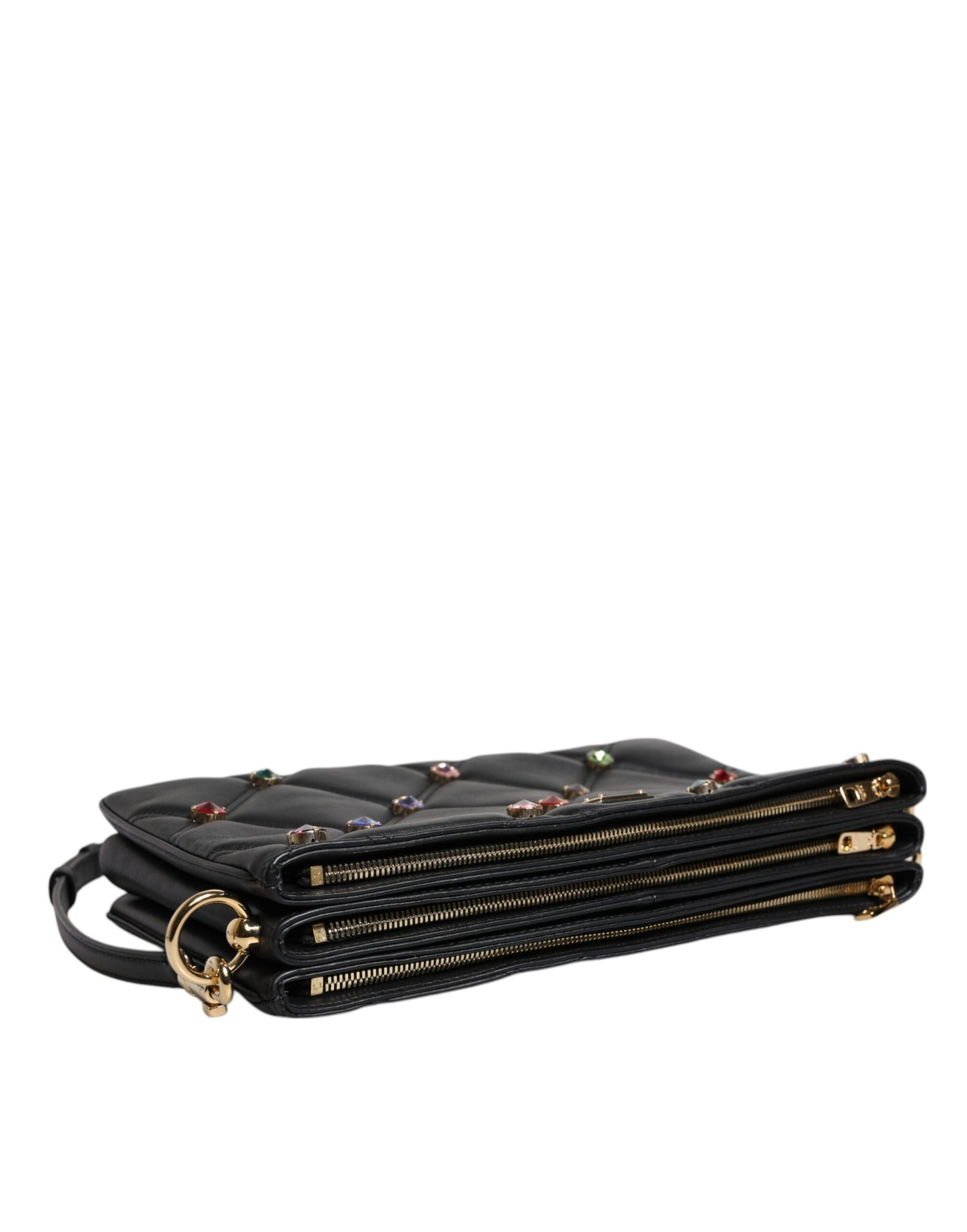 Dolce &amp; Gabbana Black Leather Crystal Embellished Logo Shoulder Bag