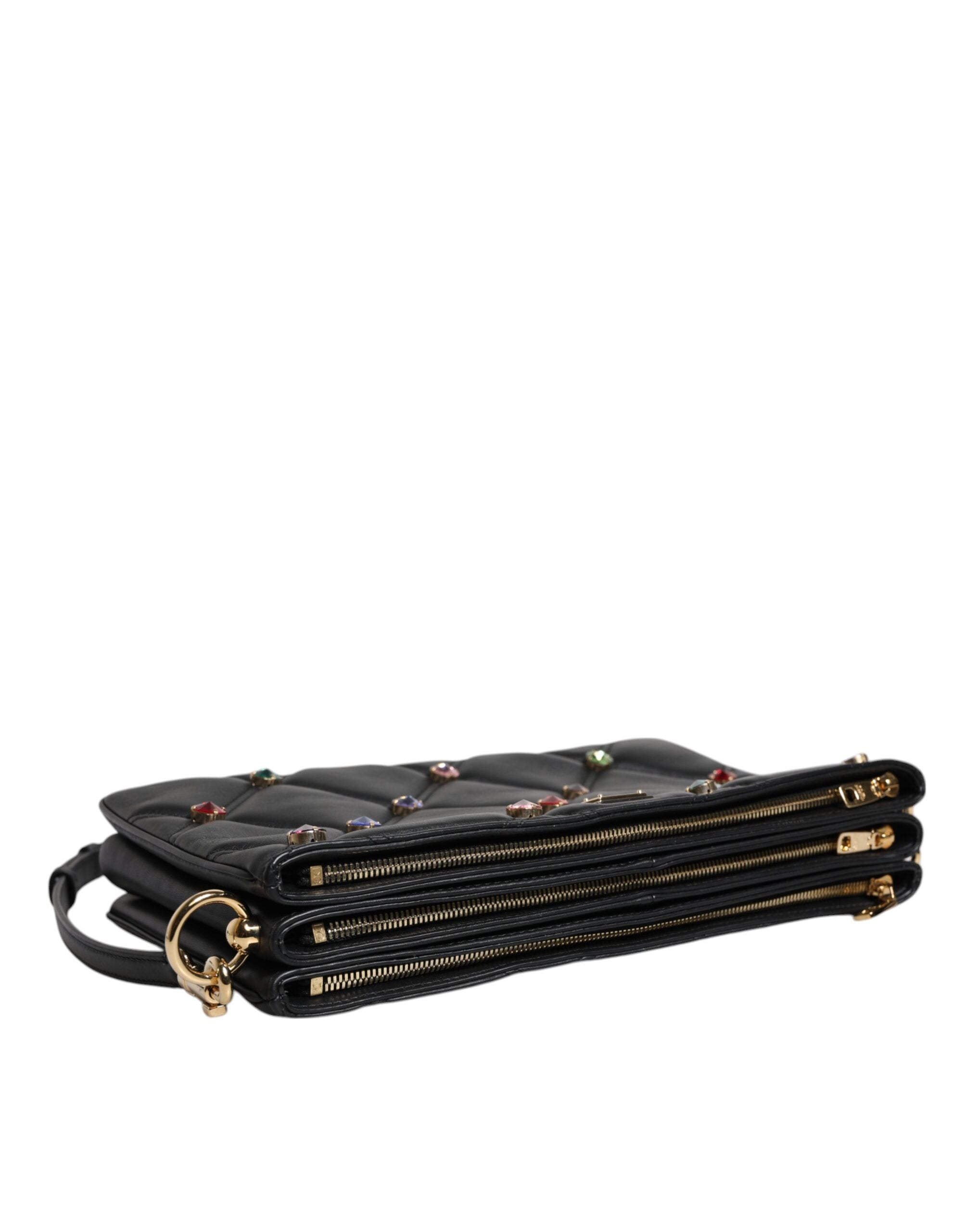 Dolce &amp; Gabbana Black Leather Crystal Embellished Logo Shoulder Bag