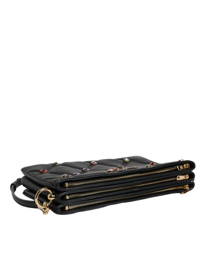 Dolce &amp; Gabbana Black Leather Crystal Embellished Logo Shoulder Bag