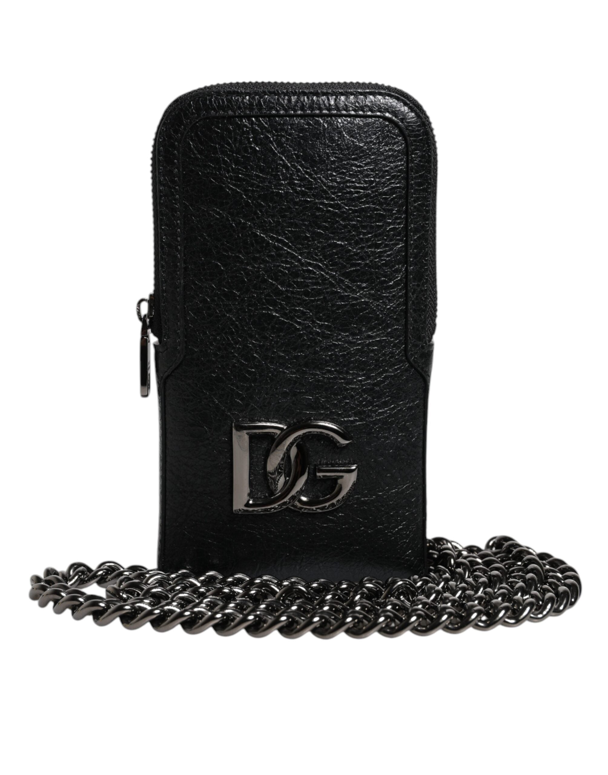 Dolce &amp; Gabbana Black Leather Purse Crossbody Chain Sling Phone Bag