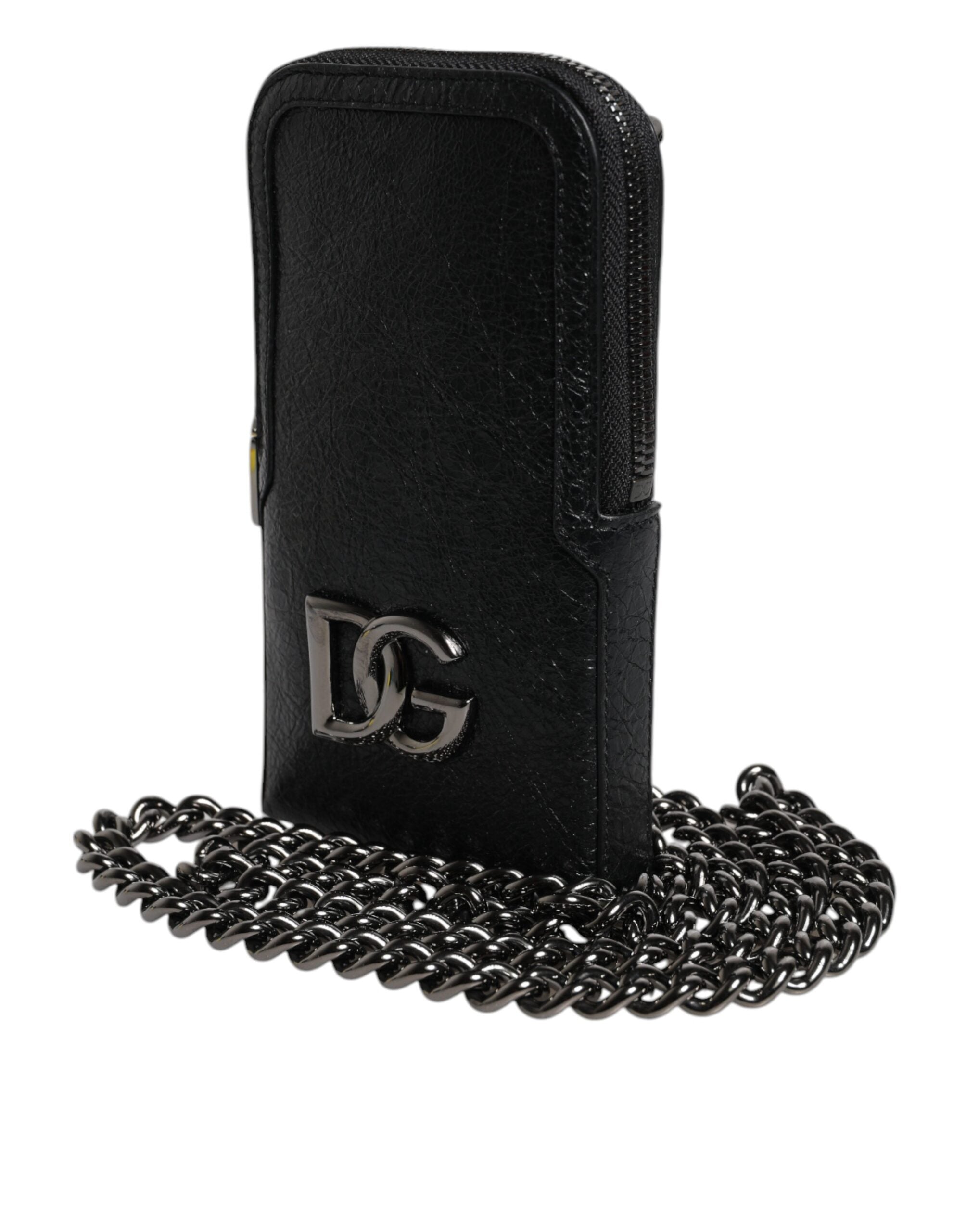 Dolce &amp; Gabbana Black Leather Purse Crossbody Chain Sling Phone Bag