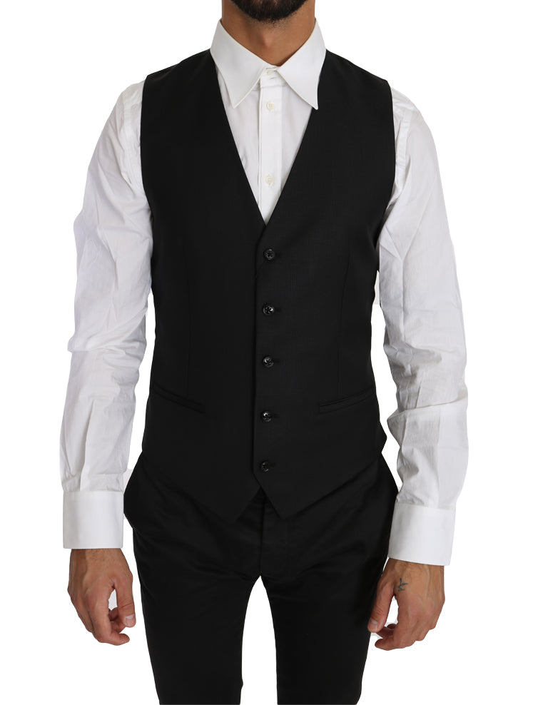 Dolce &amp; Gabbana Black Solid Wool Silk Waistcoat Vest