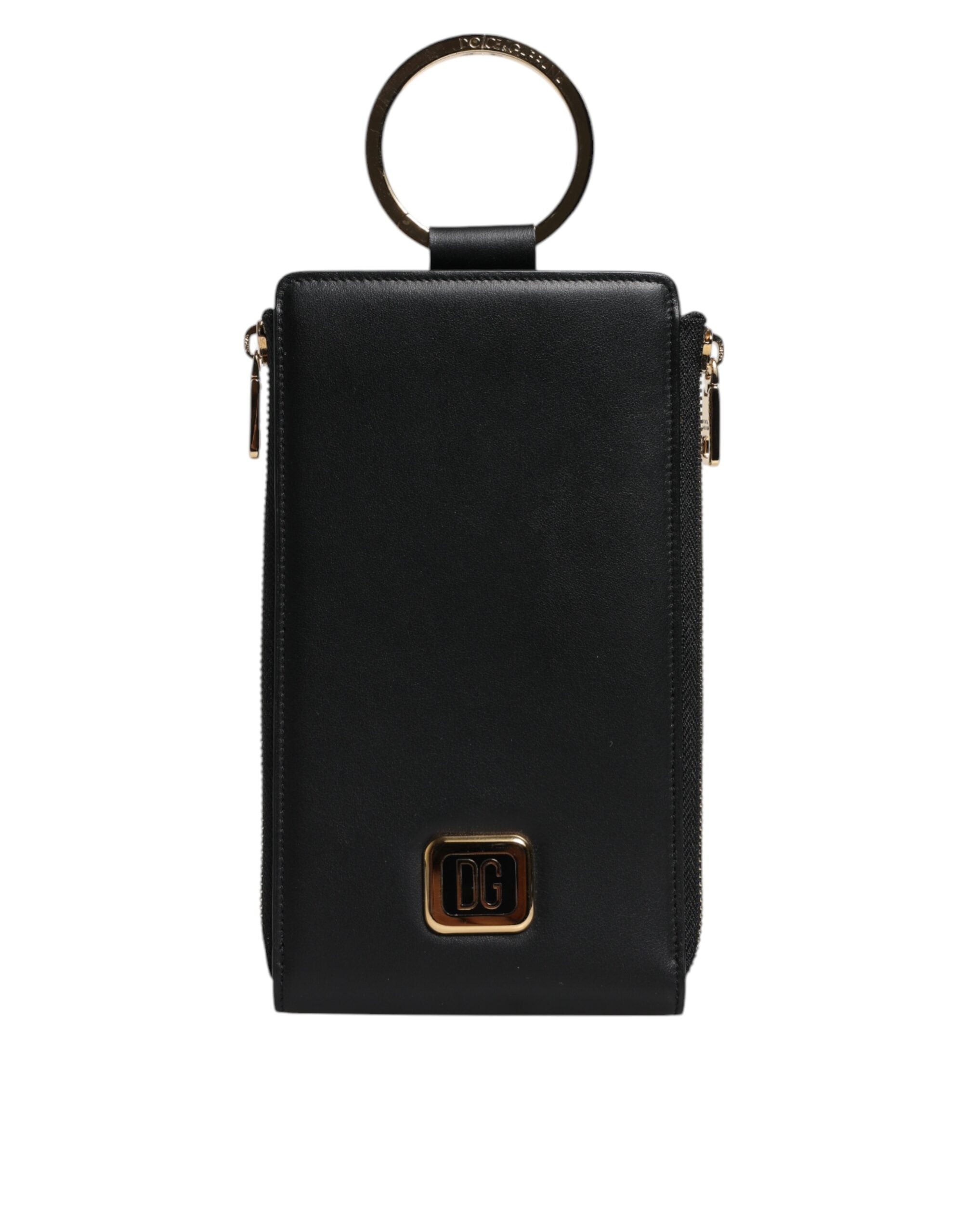 Dolce &amp; Gabbana Black Leather Logo Plaque Neck Strap Card Coin Wallet