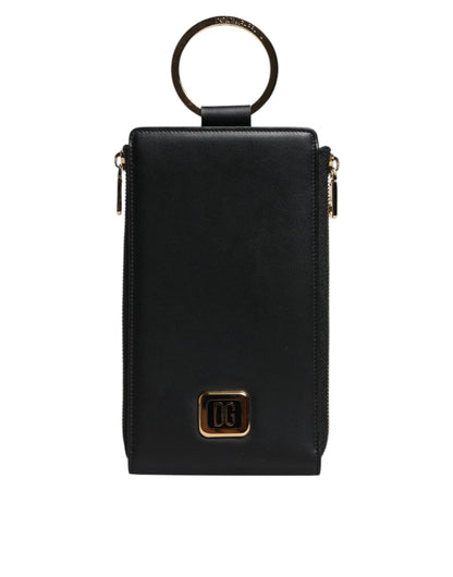 Dolce &amp; Gabbana Black Leather Logo Plaque Neck Strap Card Coin Wallet
