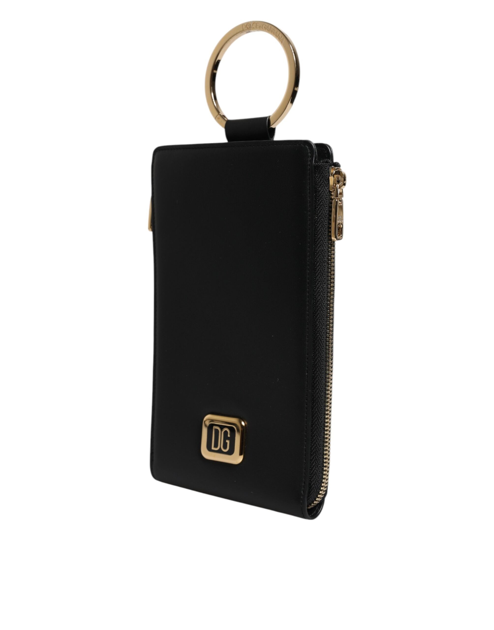 Dolce &amp; Gabbana Black Leather Logo Plaque Neck Strap Card Coin Wallet