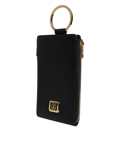 Dolce &amp; Gabbana Black Leather Logo Plaque Neck Strap Card Coin Wallet