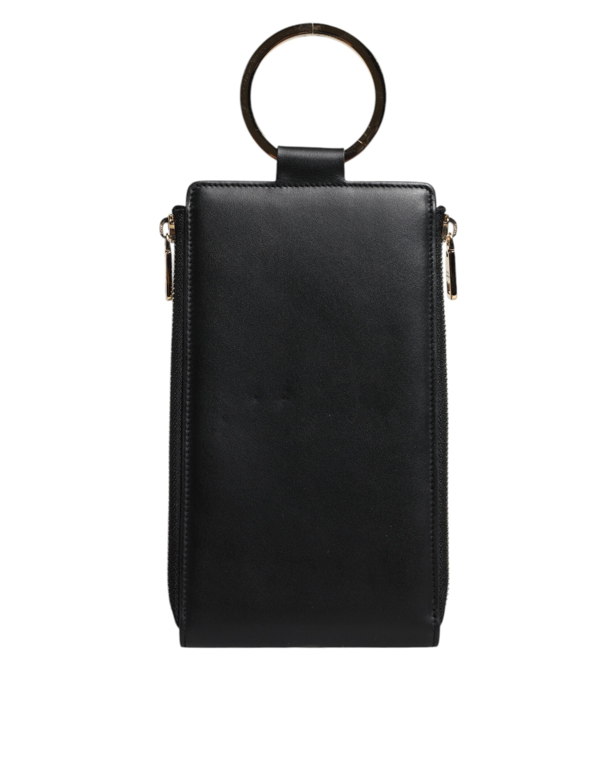 Dolce &amp; Gabbana Black Leather Logo Plaque Neck Strap Card Coin Wallet