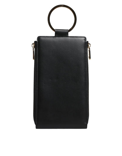 Dolce &amp; Gabbana Black Leather Logo Plaque Neck Strap Card Coin Wallet