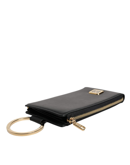Dolce &amp; Gabbana Black Leather Logo Plaque Neck Strap Card Coin Wallet