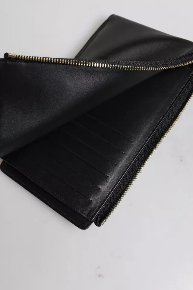Dolce &amp; Gabbana Black Leather Logo Plaque Neck Strap Card Coin Wallet