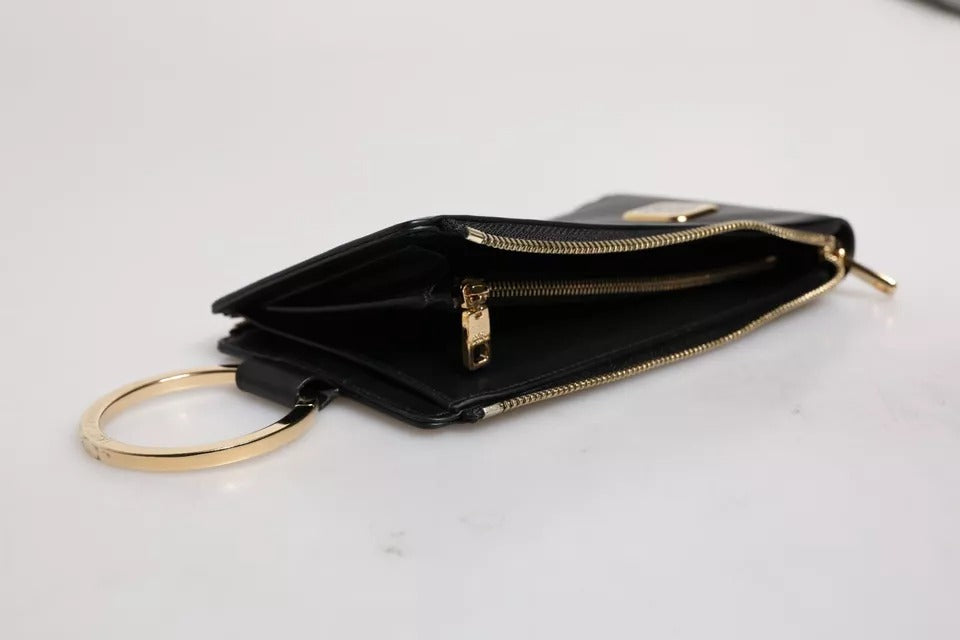 Dolce &amp; Gabbana Black Leather Logo Plaque Neck Strap Card Coin Wallet