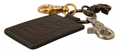 Dolce &amp;amp; Gabbana Grön Läder D&amp;amp;G Logotyp Metallring Krok Nyckelring