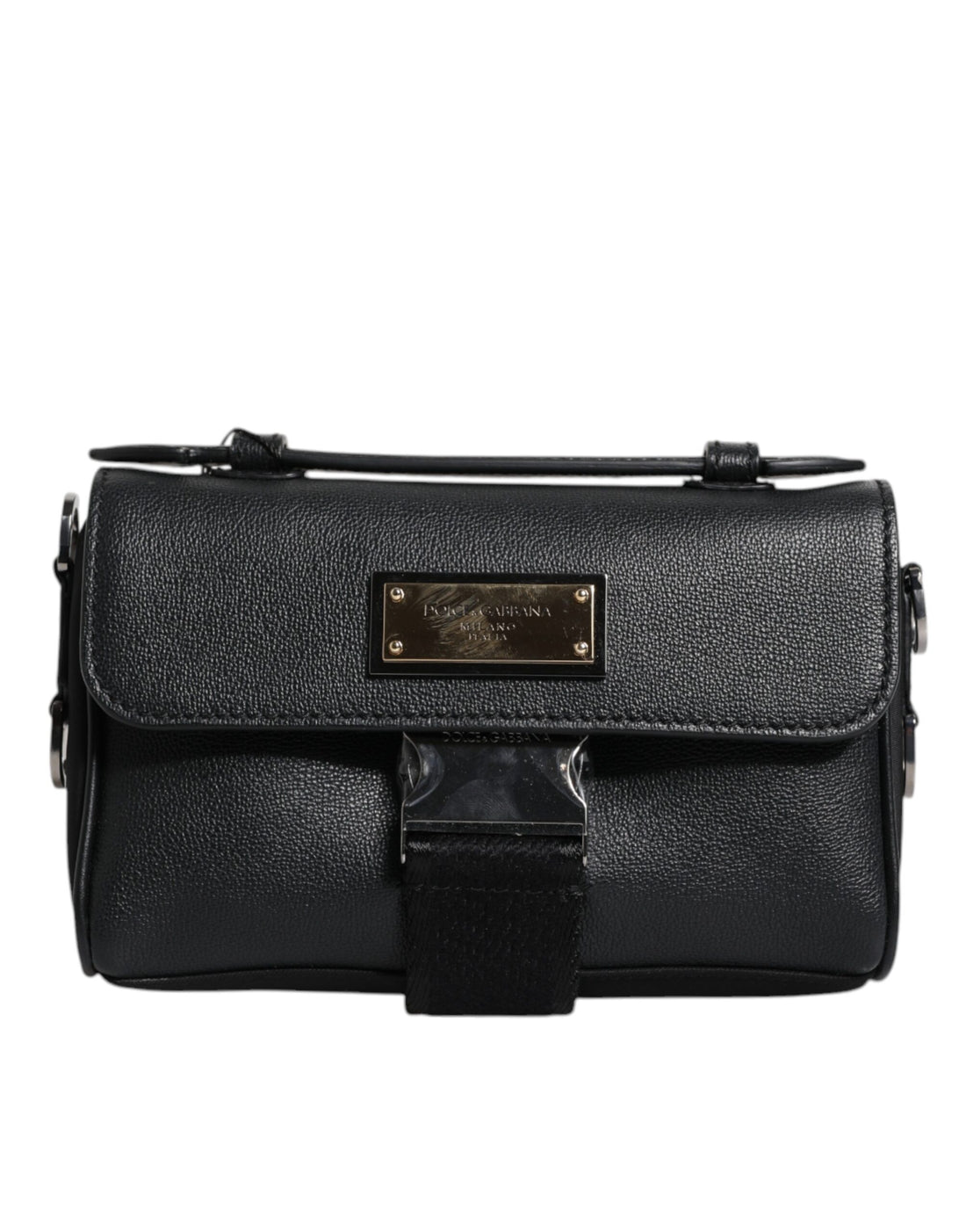 Dolce &amp;amp; Gabbana svart logotypplack i läder med spänne och axelremsväska