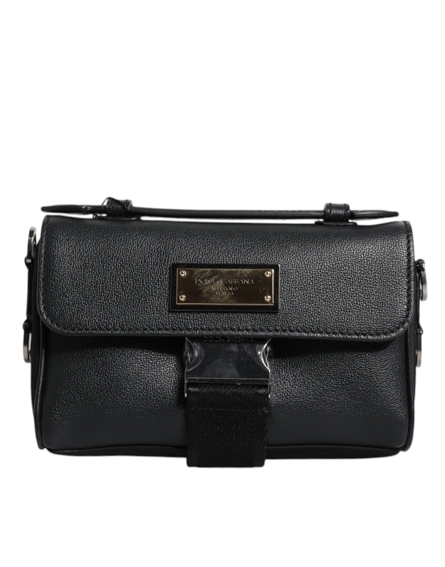 Dolce &amp;amp; Gabbana svart logotypplack i läder med spänne och axelremsväska
