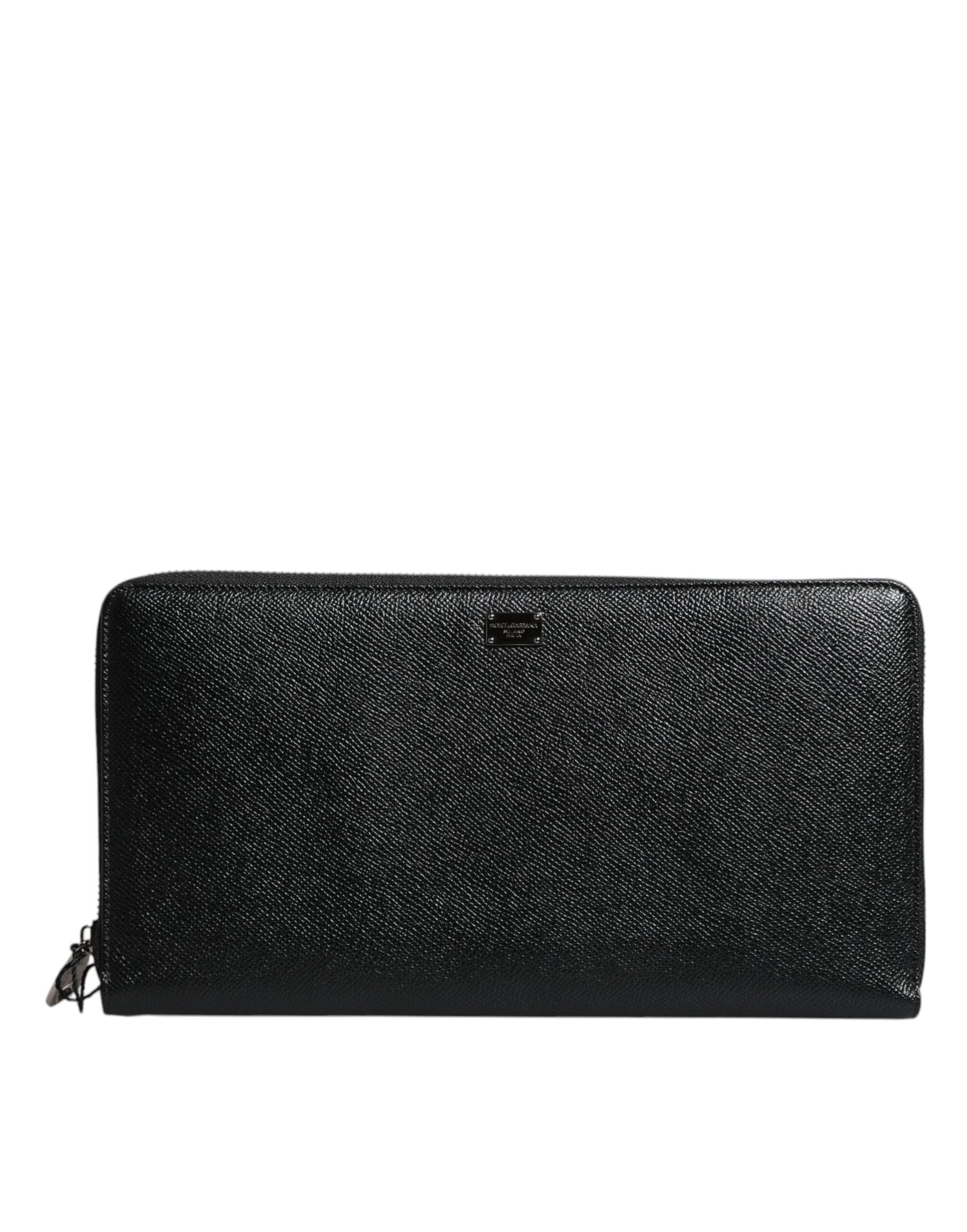 Dolce &amp;amp; Gabbana svart kalvskinnsläder med logotyp och dragkedja runtom Continental-plånbok