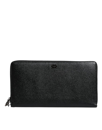 Dolce &amp;amp; Gabbana svart kalvskinnsläder med logotyp och dragkedja runtom Continental-plånbok