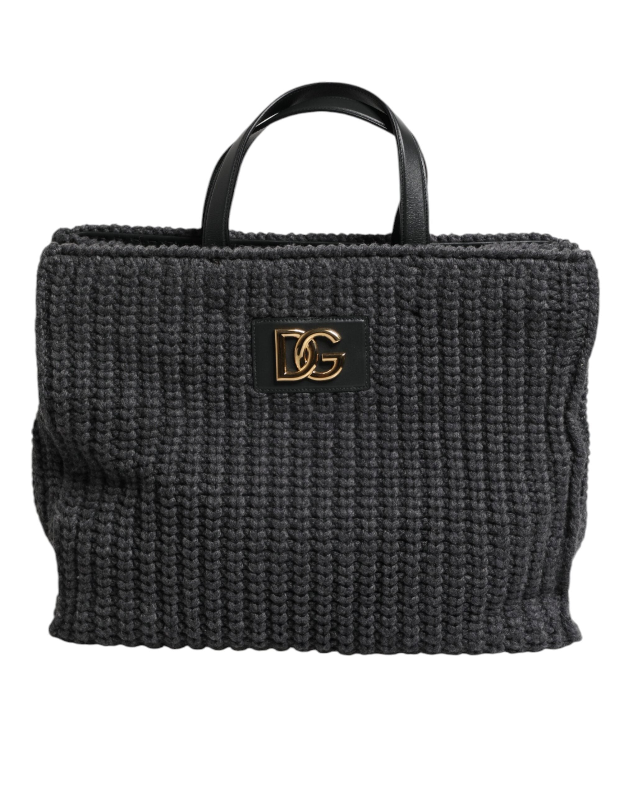 Dolce &amp; Gabbana Black Large Knitted Crochet Shoulder Shopper DG Logo Bag