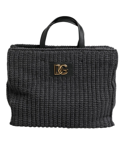 Dolce &amp; Gabbana Black Large Knitted Crochet Shoulder Shopper DG Logo Bag