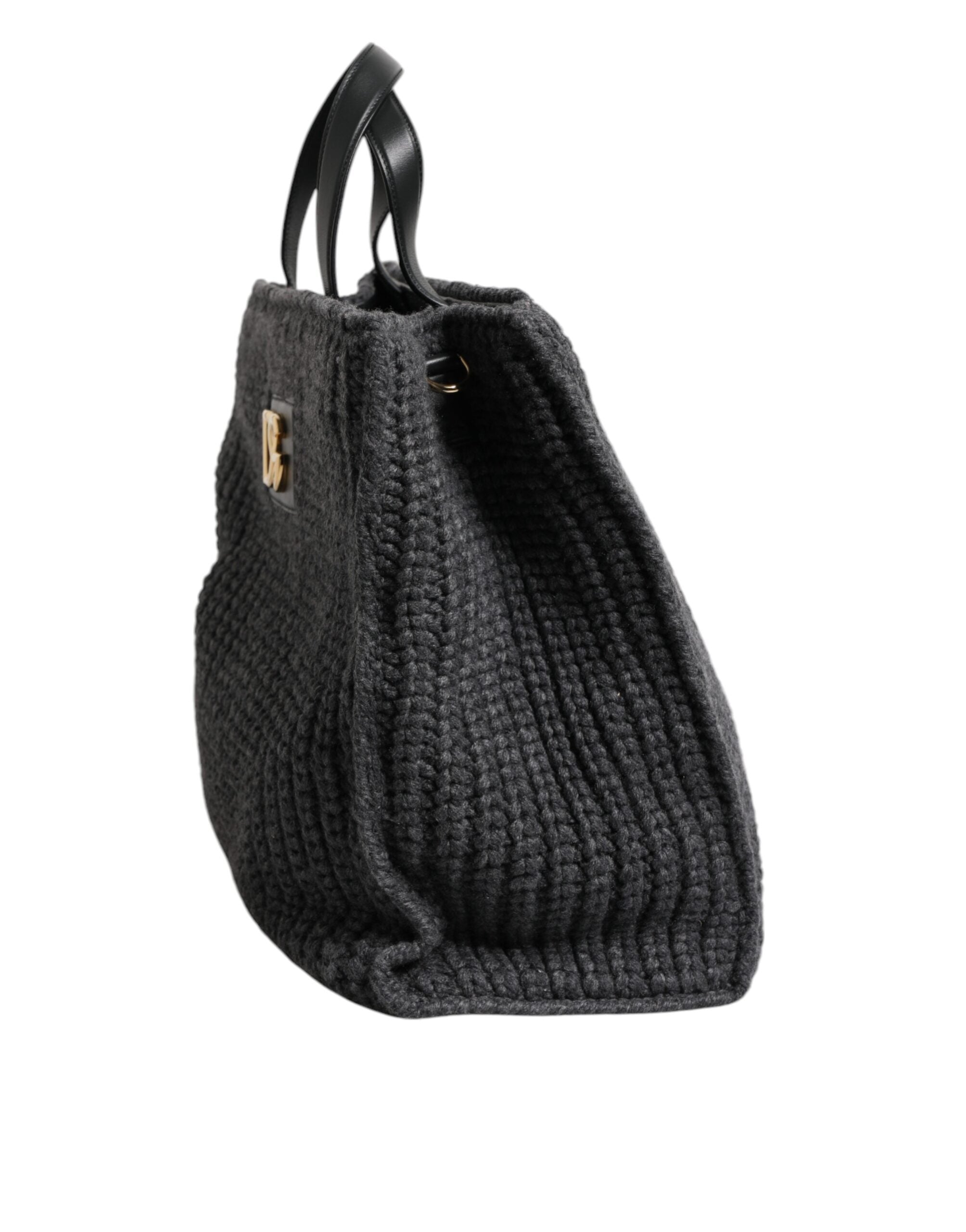 Dolce &amp; Gabbana Black Large Knitted Crochet Shoulder Shopper DG Logo Bag