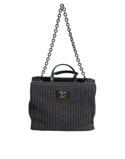 Dolce &amp; Gabbana Black Large Knitted Crochet Shoulder Shopper DG Logo Bag