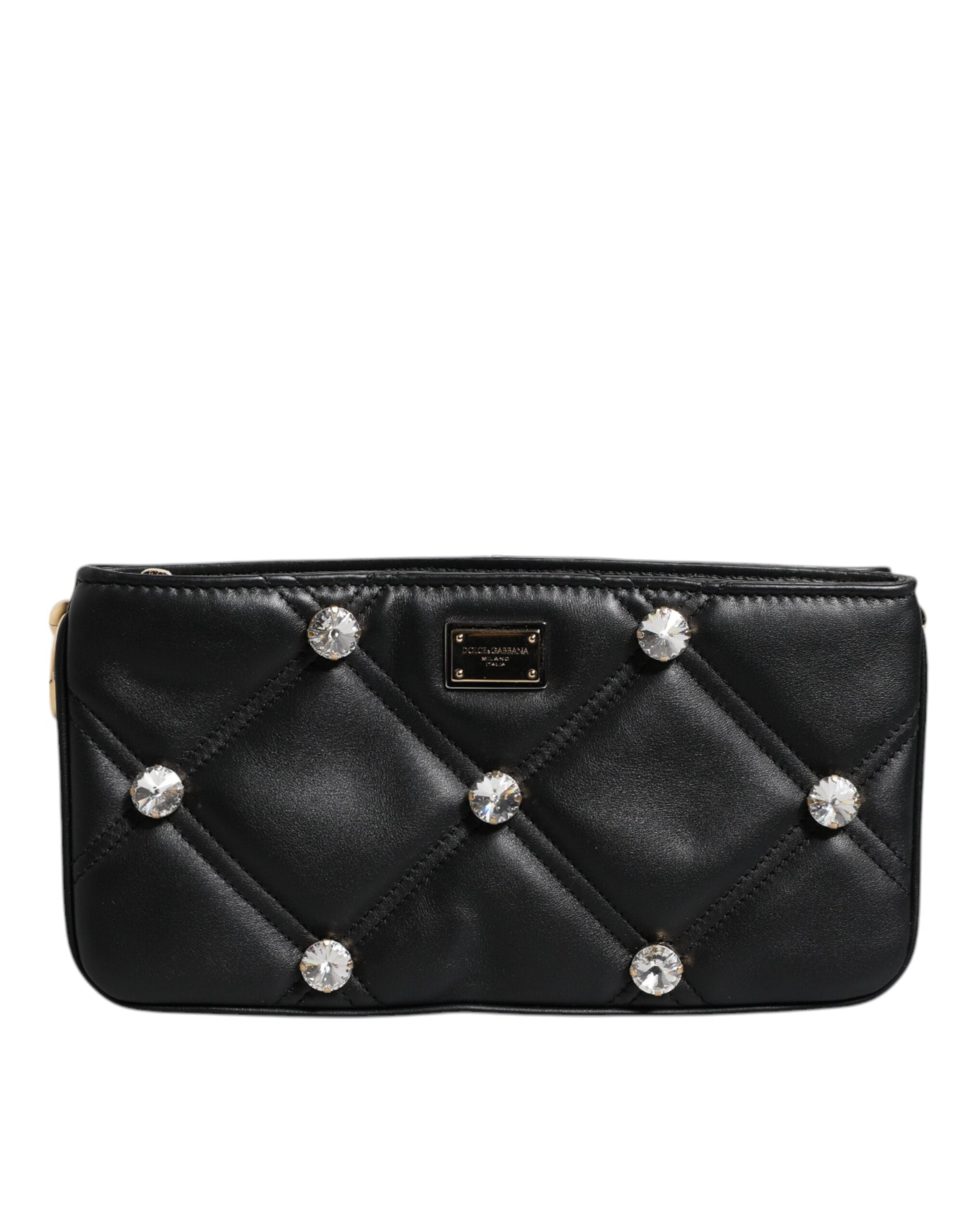 Dolce &amp; Gabbana Black Leather Crystal Embellished Logo Shoulder Bag