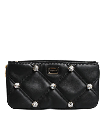 Dolce &amp; Gabbana Black Leather Crystal Embellished Logo Shoulder Bag