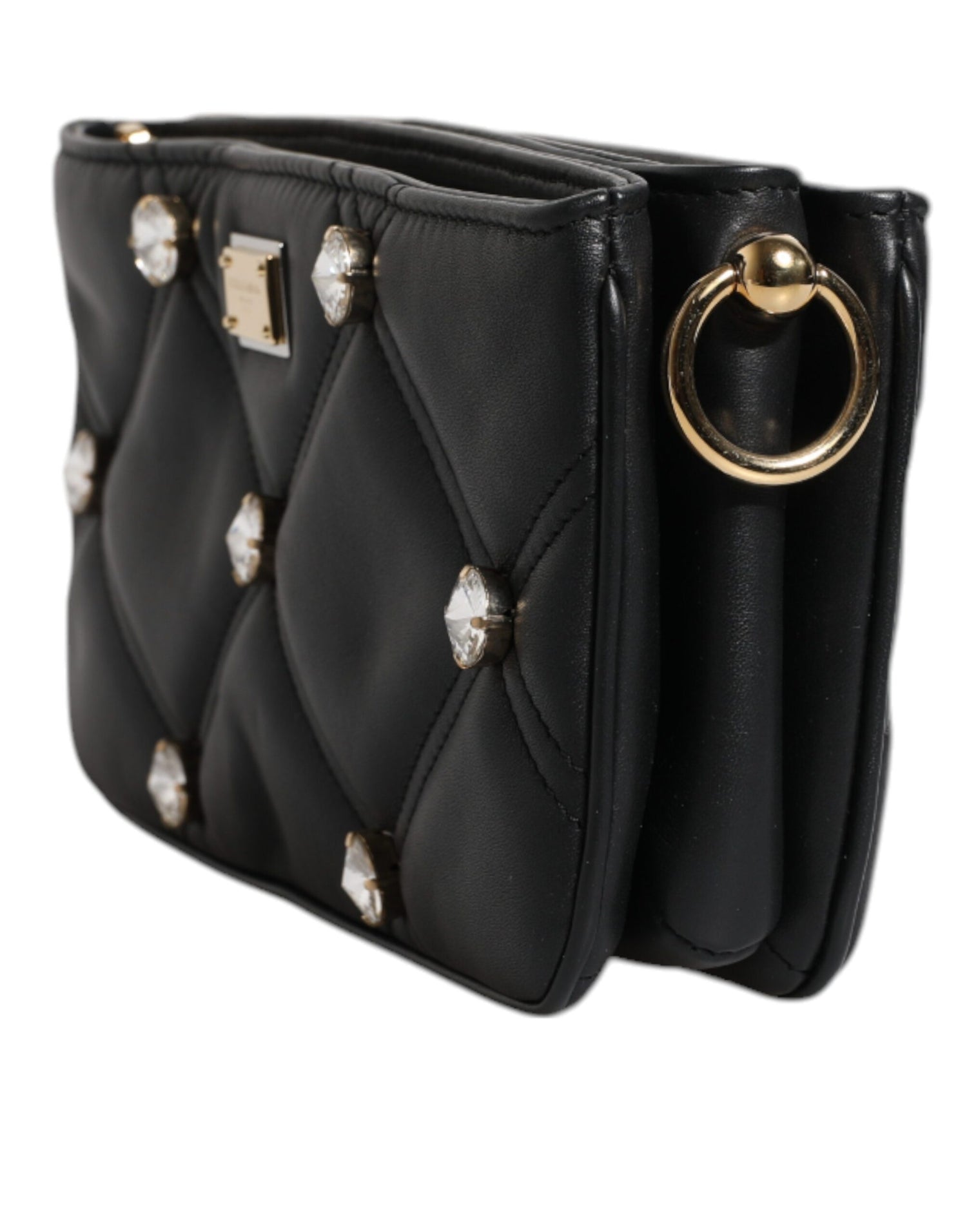 Dolce &amp; Gabbana Black Leather Crystal Embellished Logo Shoulder Bag