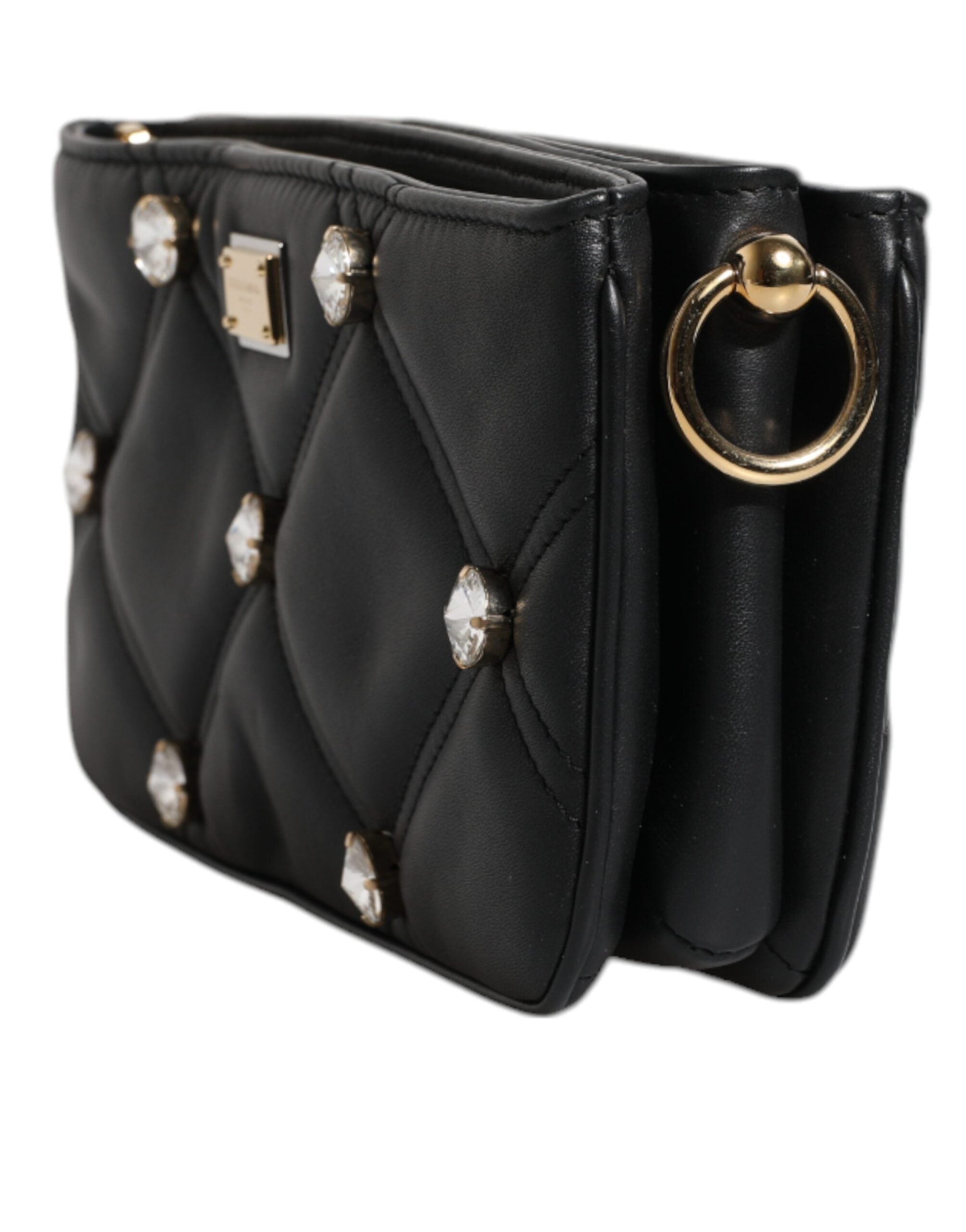 Dolce &amp; Gabbana Black Leather Crystal Embellished Logo Shoulder Bag