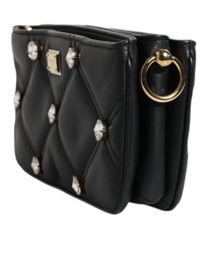 Dolce &amp; Gabbana Black Leather Crystal Embellished Logo Shoulder Bag