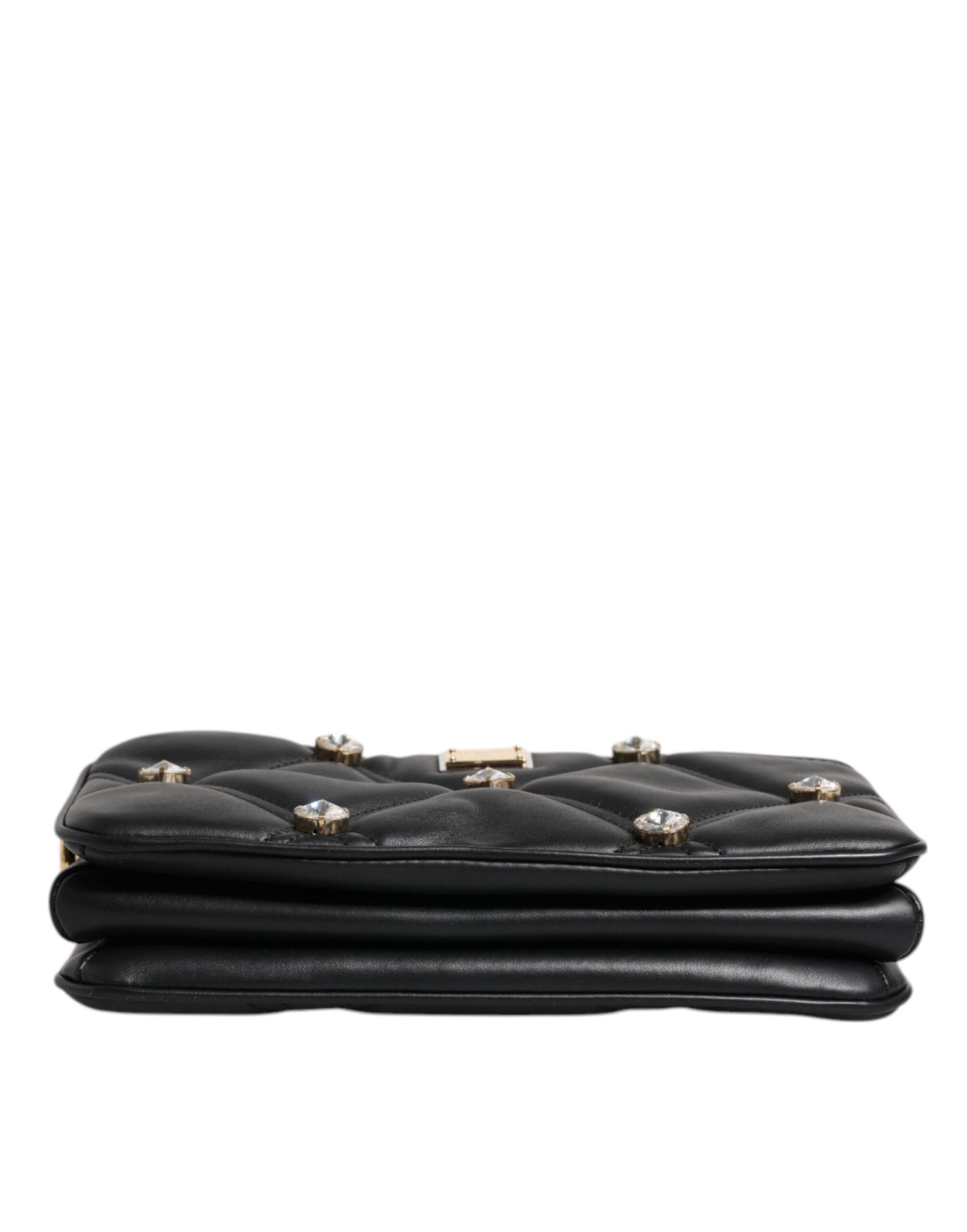 Dolce &amp; Gabbana Black Leather Crystal Embellished Logo Shoulder Bag