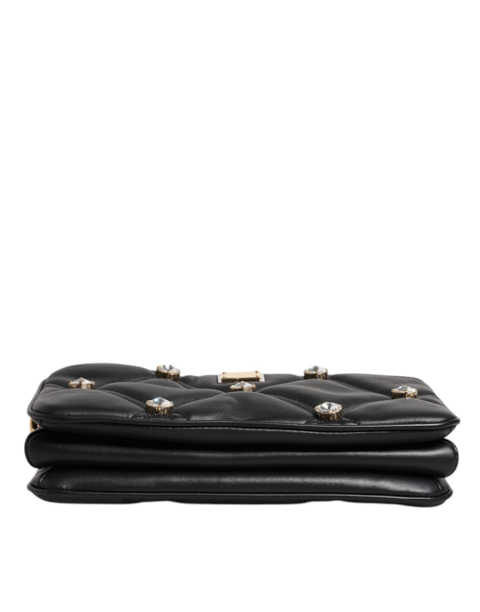 Dolce &amp; Gabbana Black Leather Crystal Embellished Logo Shoulder Bag