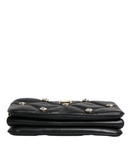 Dolce &amp; Gabbana Black Leather Crystal Embellished Logo Shoulder Bag