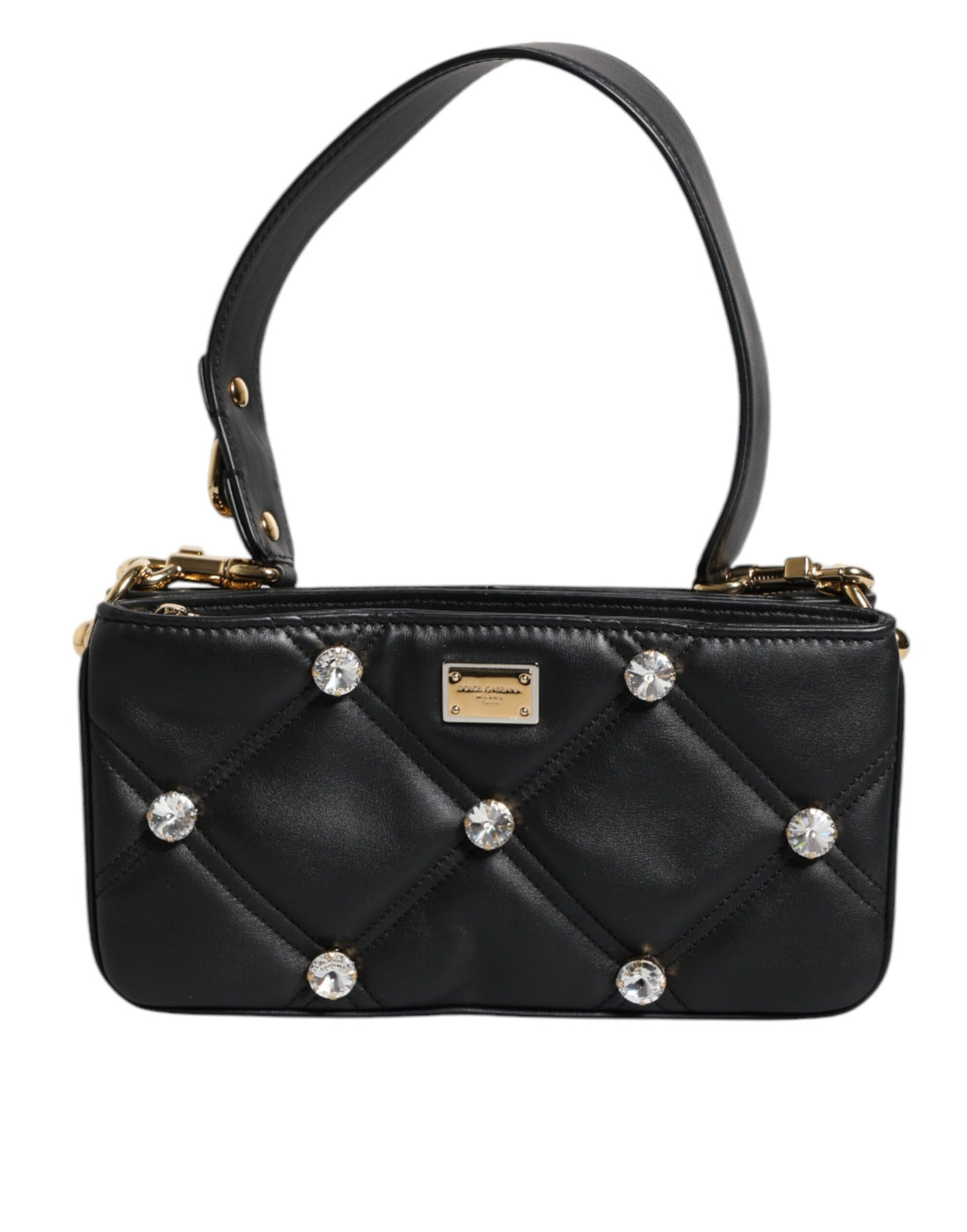 Dolce &amp; Gabbana Black Leather Crystal Embellished Logo Shoulder Bag