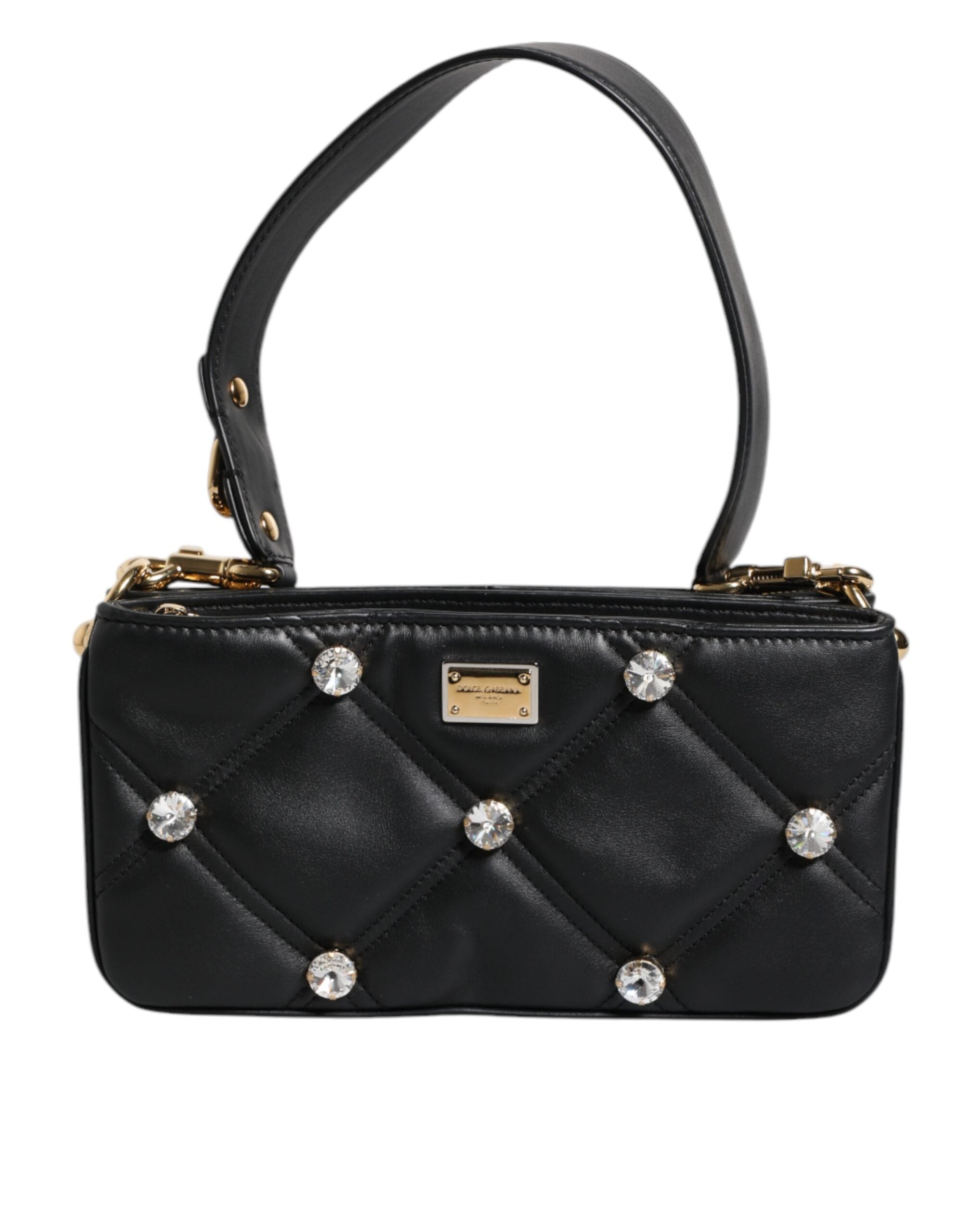 Dolce &amp; Gabbana Black Leather Crystal Embellished Logo Shoulder Bag