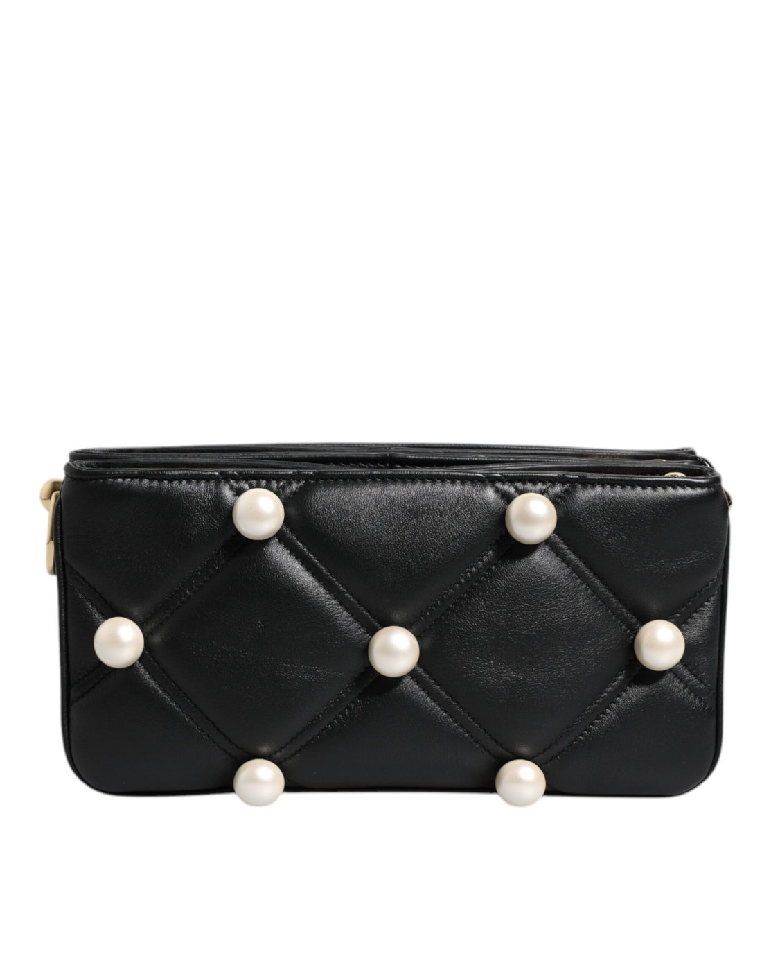 Dolce &amp; Gabbana Black Leather Pearl Embellished Logo Shoulder Bag
