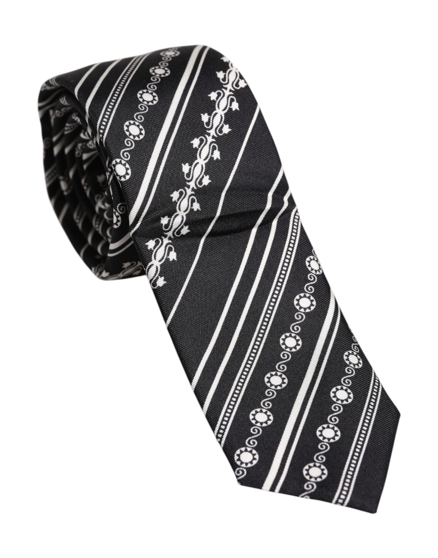 Dolce &amp; Gabbana Black White Stripes Silk Adjustable Necktie Tie