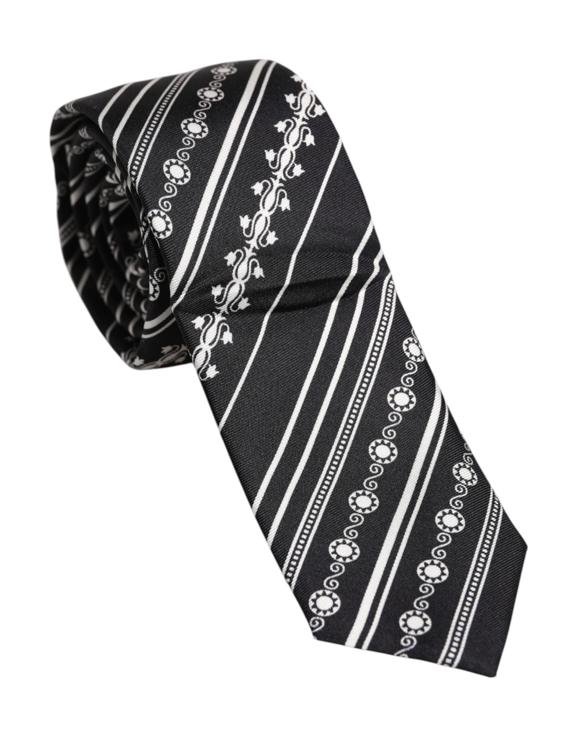 Dolce &amp; Gabbana Black White Stripes Silk Adjustable Necktie Tie