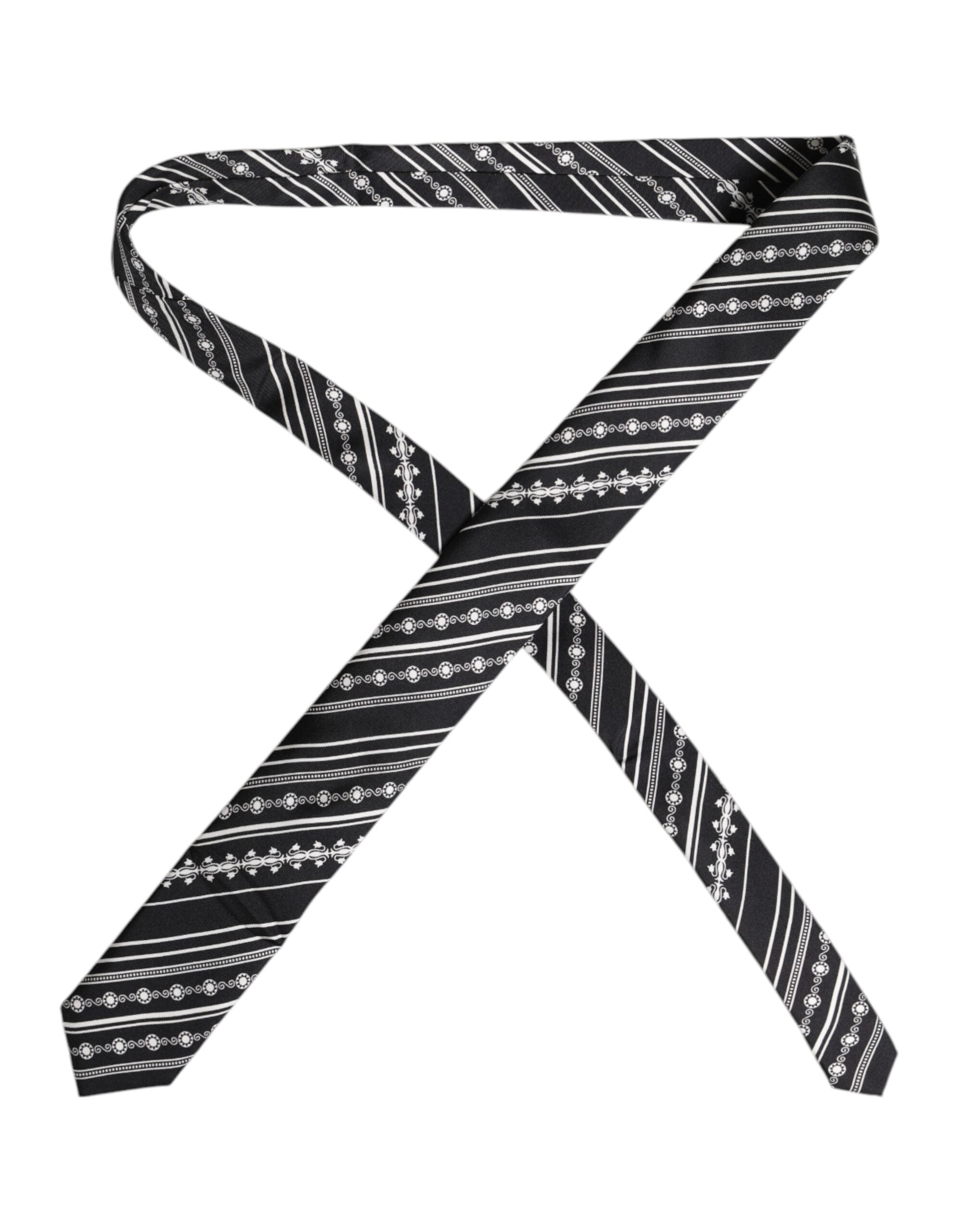 Dolce &amp; Gabbana Black White Stripes Silk Adjustable Necktie Tie